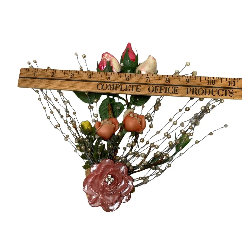 VTG Floral Arrangement Roses Pearl‎ Beads Decorative Bouquet Display Handcrafted